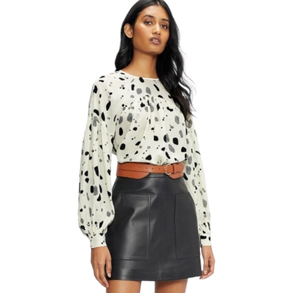 Ted Baker London Women Size 3 Ivory Black Spot Print Long Sleeve Blouse Top L